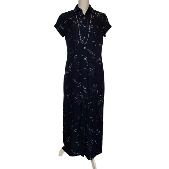 Ralph Lauren VTG Inspired Silk Maxi Dress in NVY w/ WHT/SIL Floral Pattern SZ 8 - Picture 1 of 5